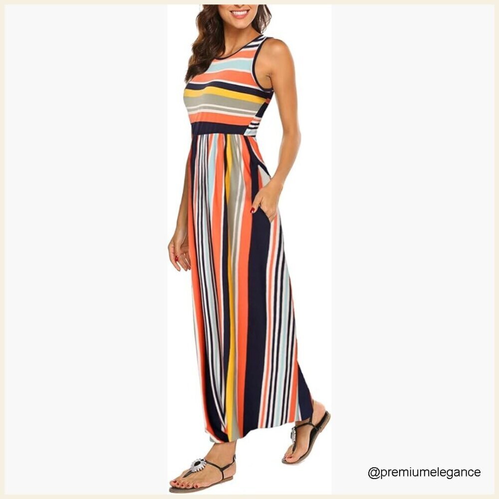 Sleeveless Striped Maxi Dress with Pockets, Flowy Casual Summer Wear